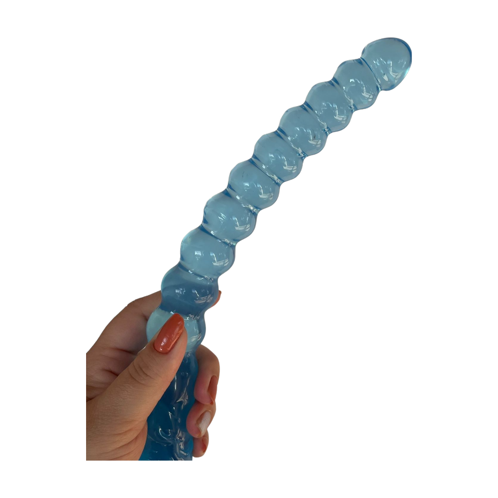 Pênis Duplo em Silicone Azul com Esferas e Glande