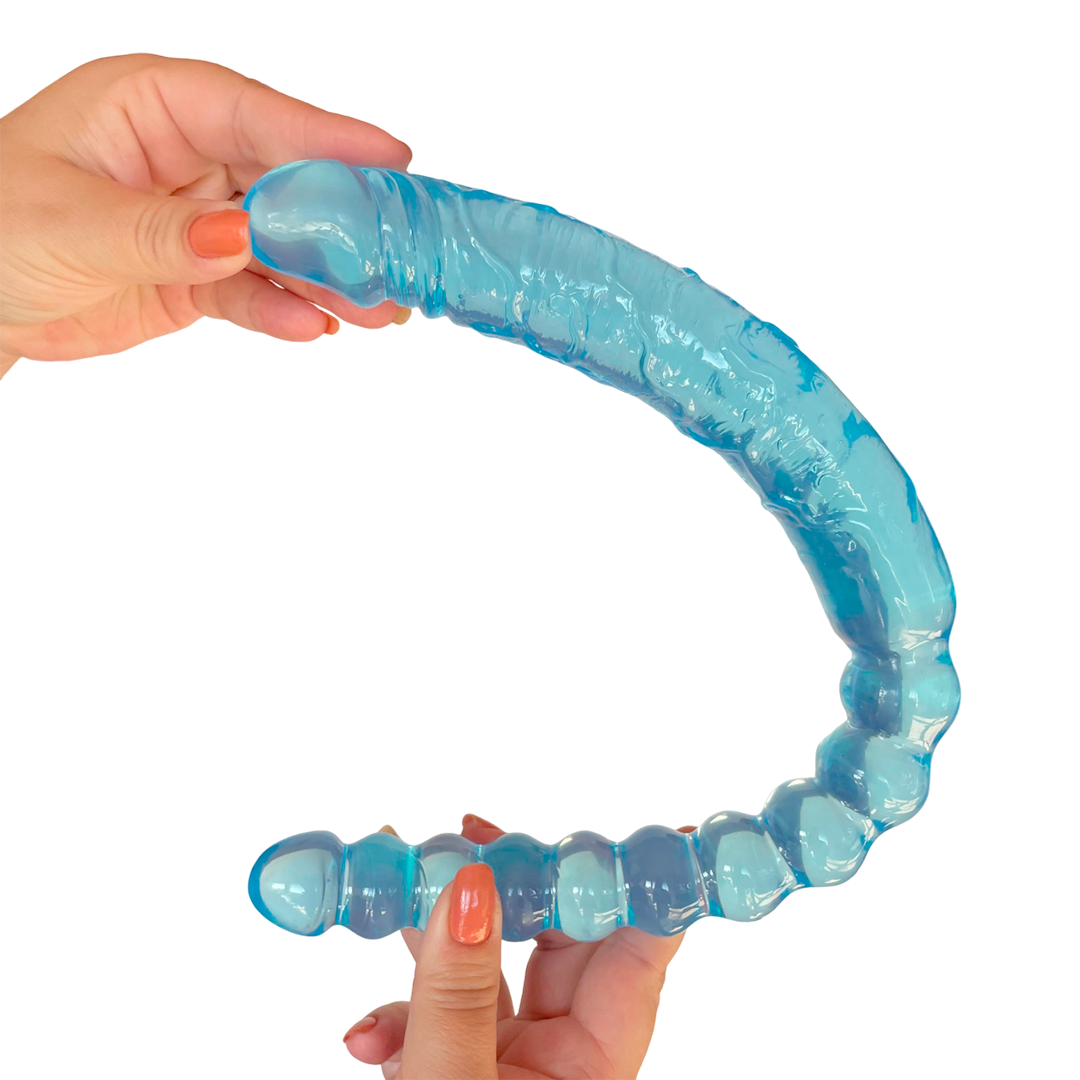 Pênis Duplo em Silicone Azul com Esferas e Glande