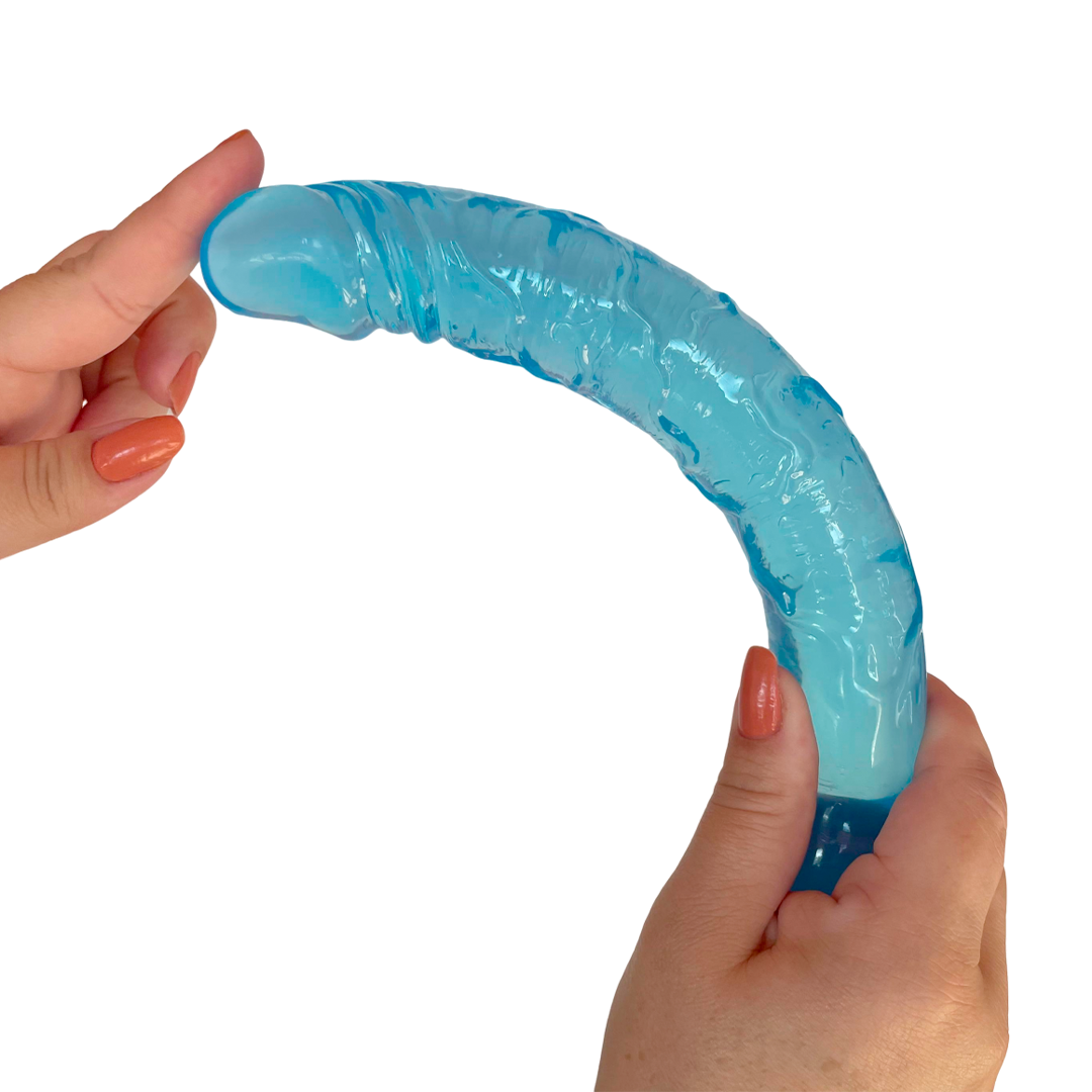 Pênis Duplo em Silicone Azul com Esferas e Glande
